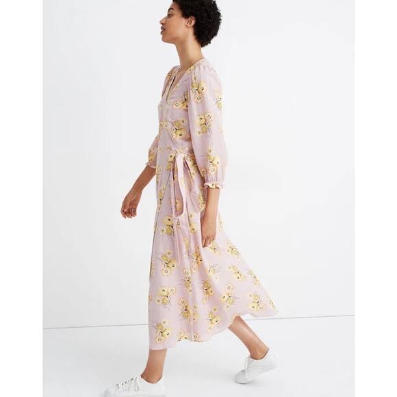 Madewell Linen-Blend Ruffle-Cuff Wrap Dress Dutch Dandelions Medium Pink Floral - Picture 2 of 9